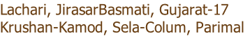 Lachari, JirasarBasmati, Gujarat-17
Krushan-Kamod, Sela-Colum, Parimal
